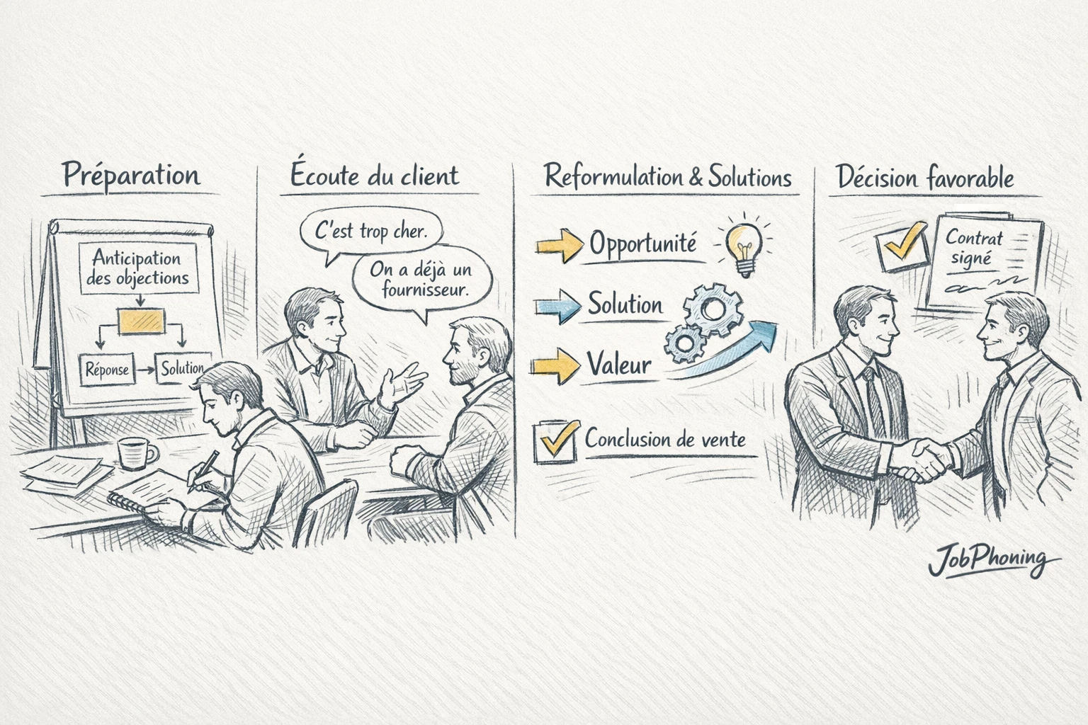 Schéma représentant la préparation structurée d’un closer B2B via blocs reliés et flèches séquentielles.