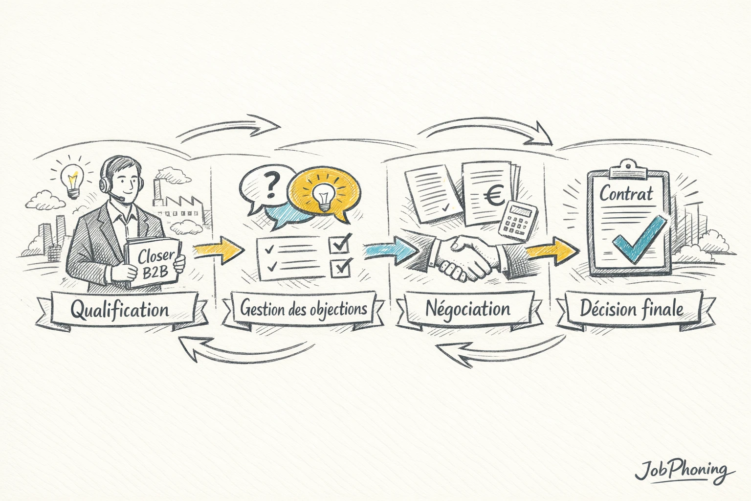 Schéma représentant l’intégration d’un closer B2B via un pipeline et une boucle de feedback continue.