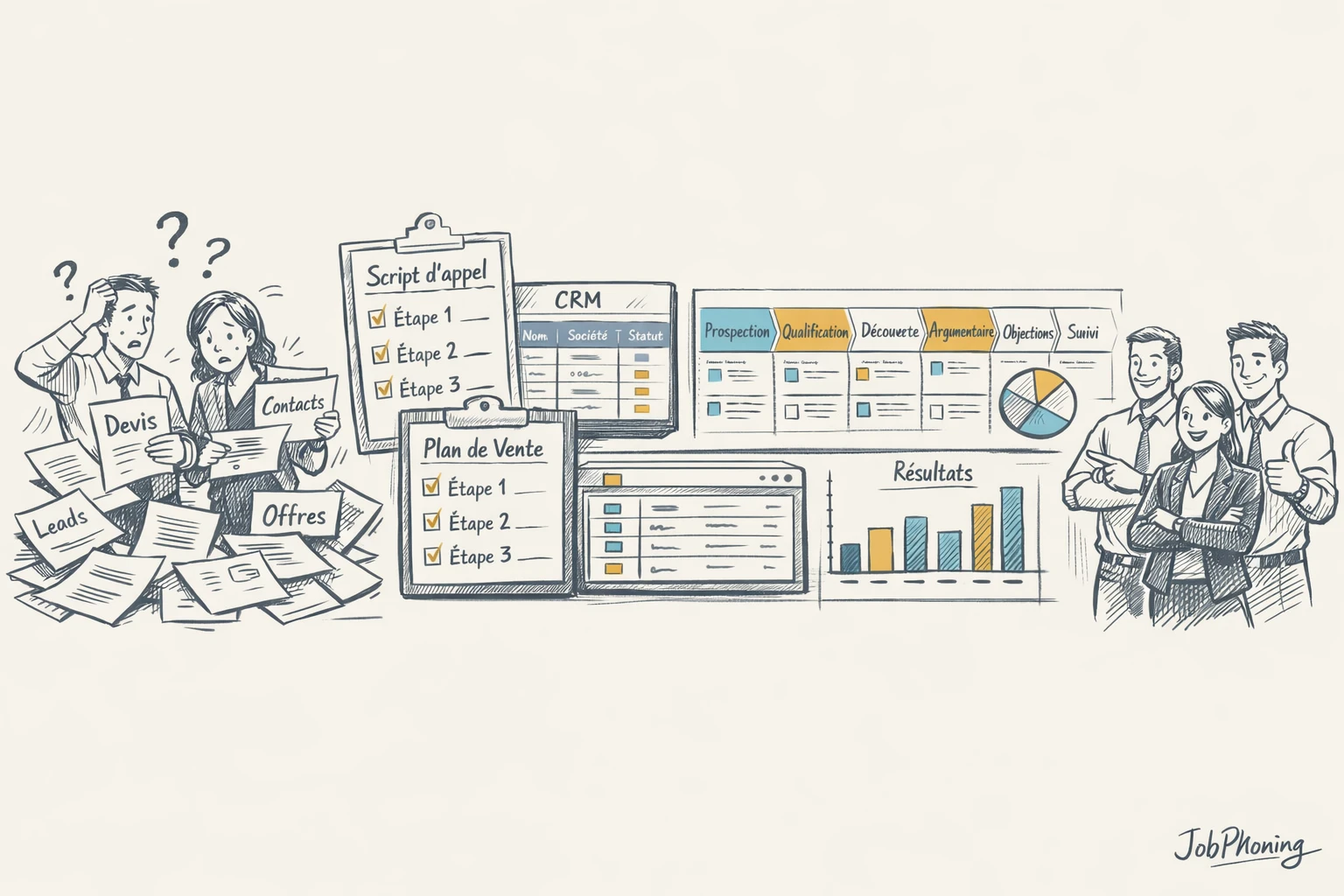 Schéma représentant un parcours d'apprentissage du closing B2B via flèches, rectangles et icônes abstraites