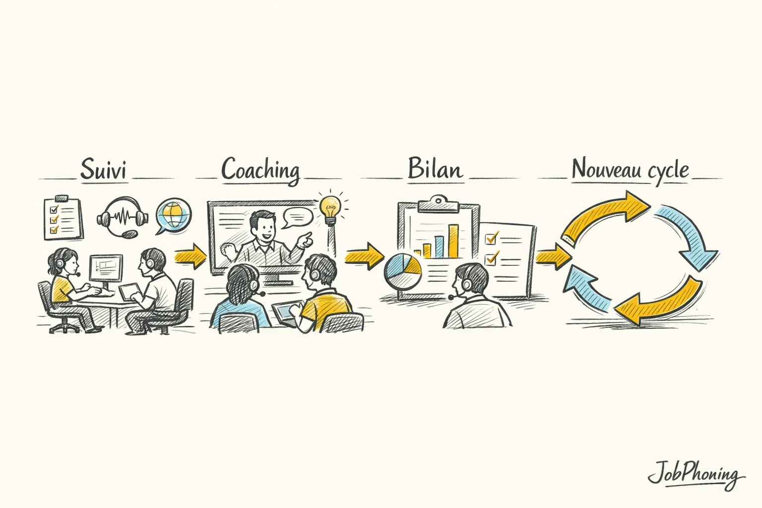 Schéma représentant l’amélioration continue des équipes d’appels via un enchaînement de blocs et flèches minimalistes