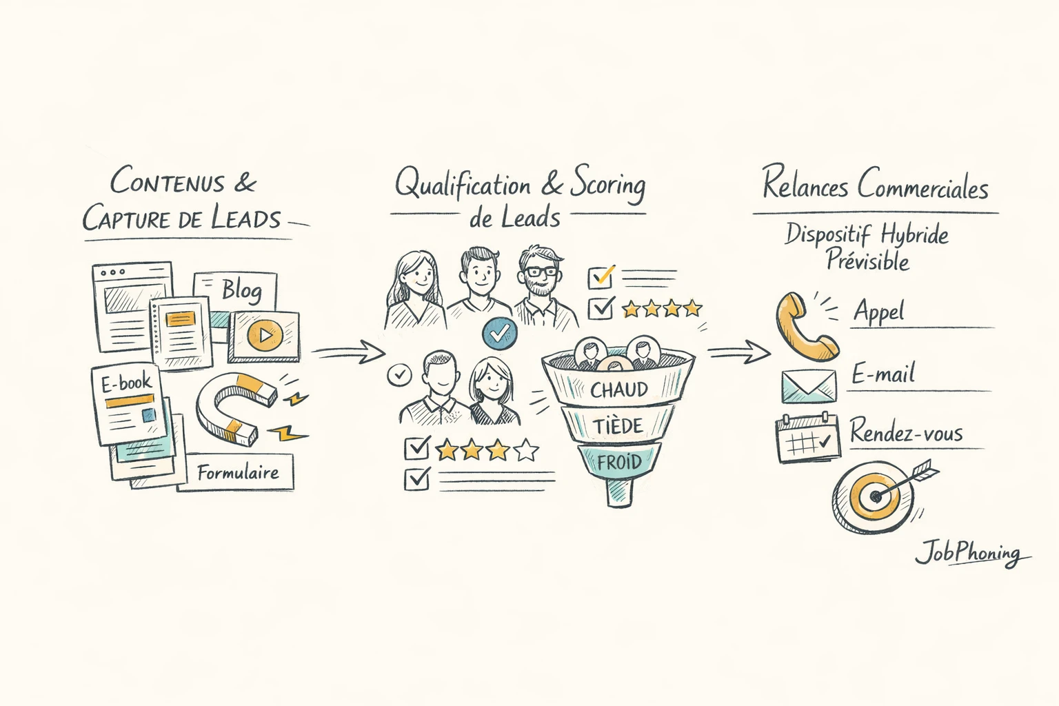 Schéma représentant l’enchaînement coordination marketing-vente via blocs reliés et flèches successives.