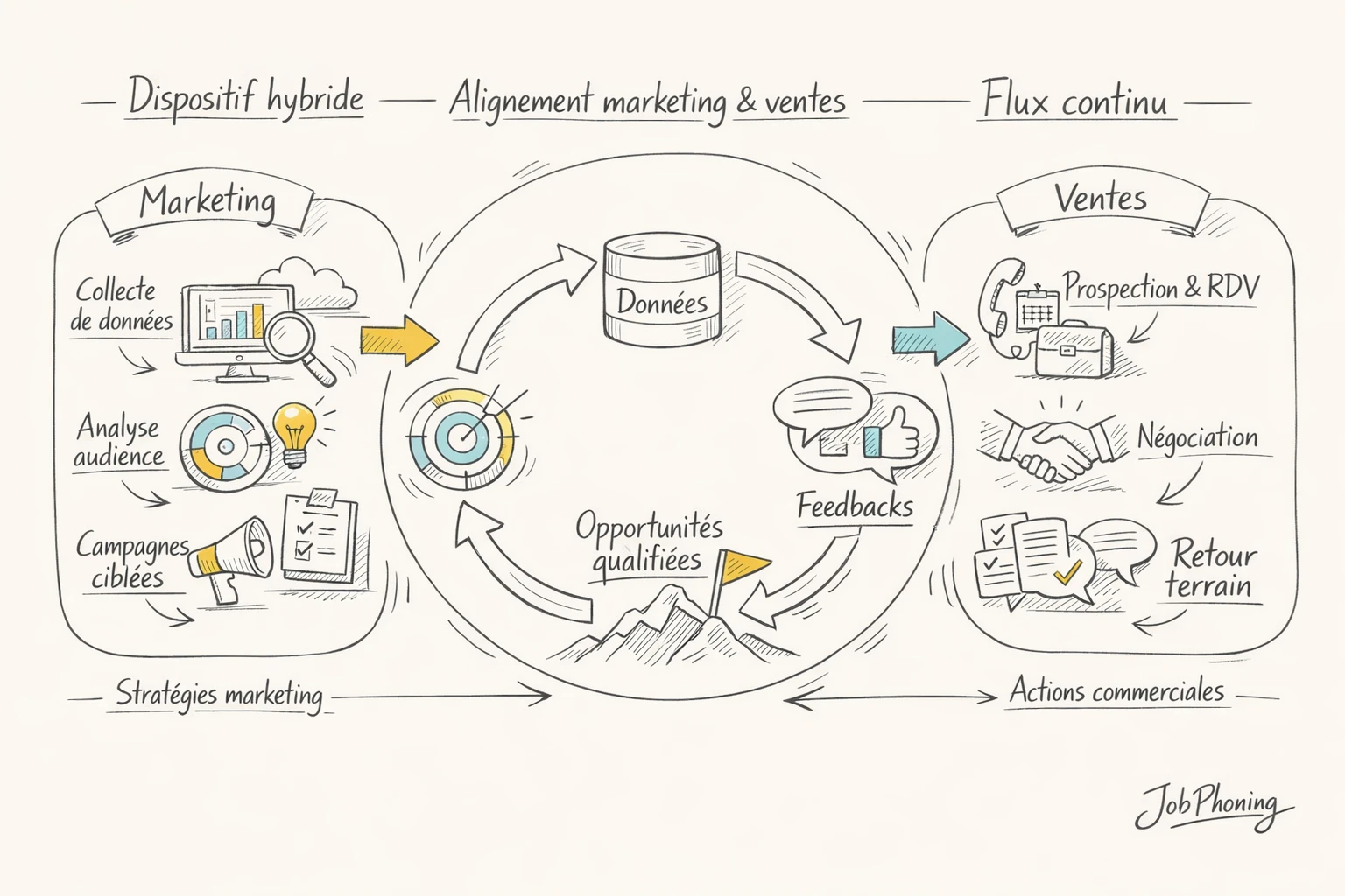 Schéma représentant la coopération marketing‑vente via deux hubs reliés par un pipeline circulaire et des