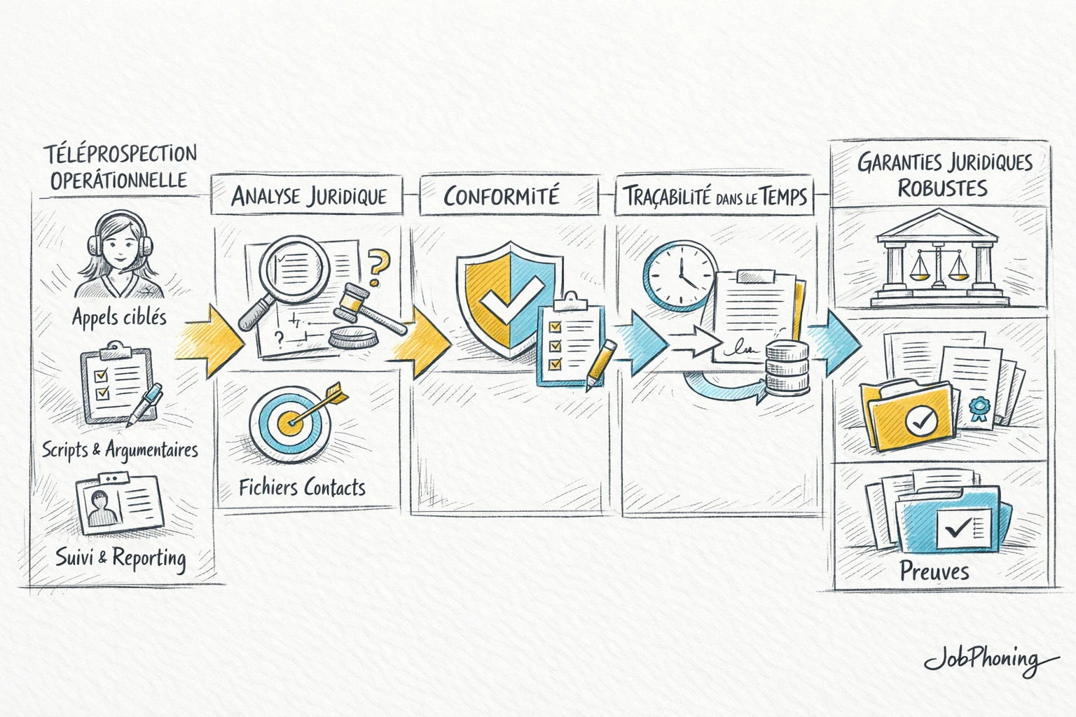 Schéma représentant la sécurisation d’une campagne téléprospection via blocs alignés et flèches séquentielles.