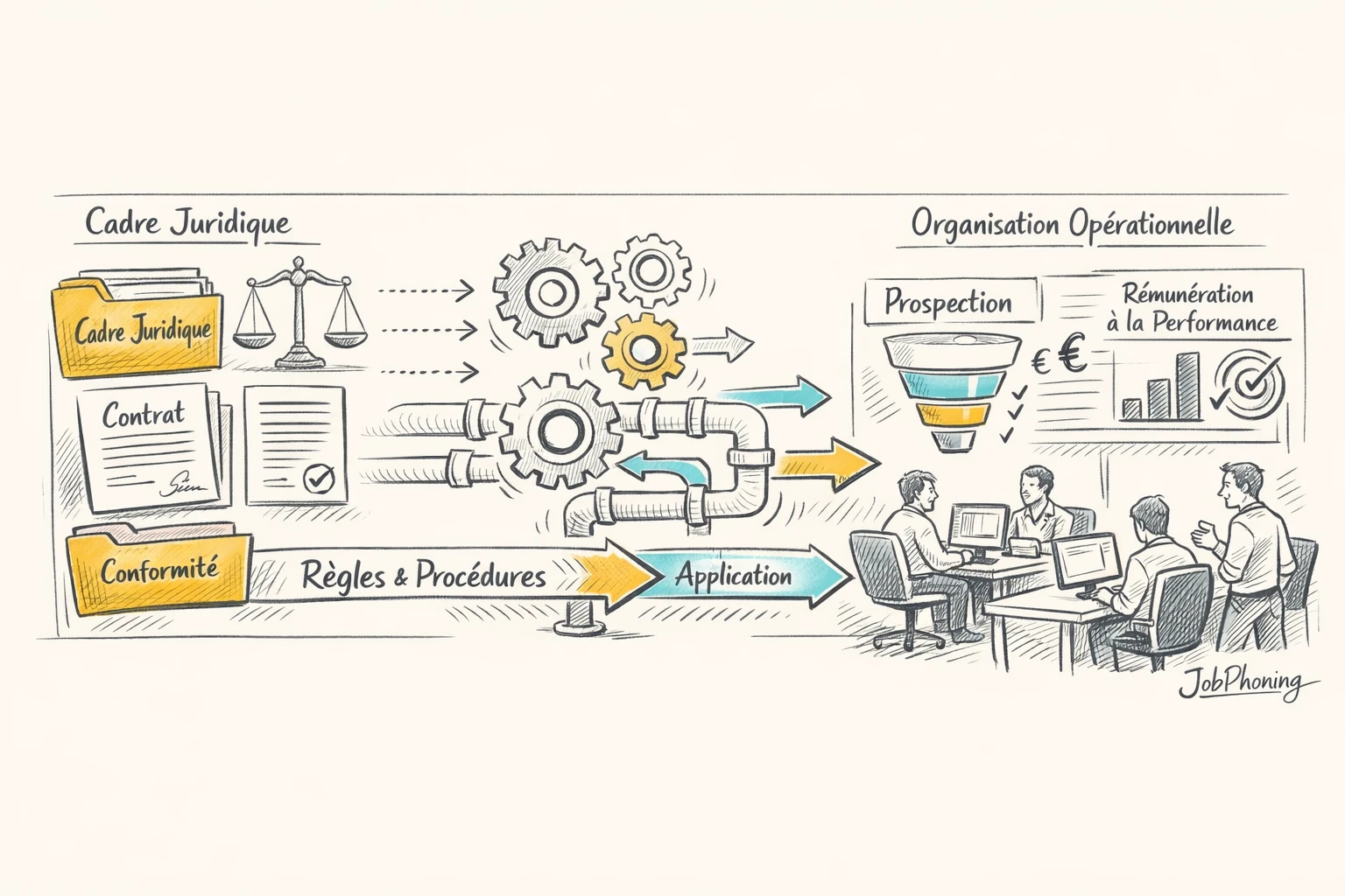Infographie représentant l’alignement juridique et opérationnel via un hub central relié à plusieurs blocs abstraits.