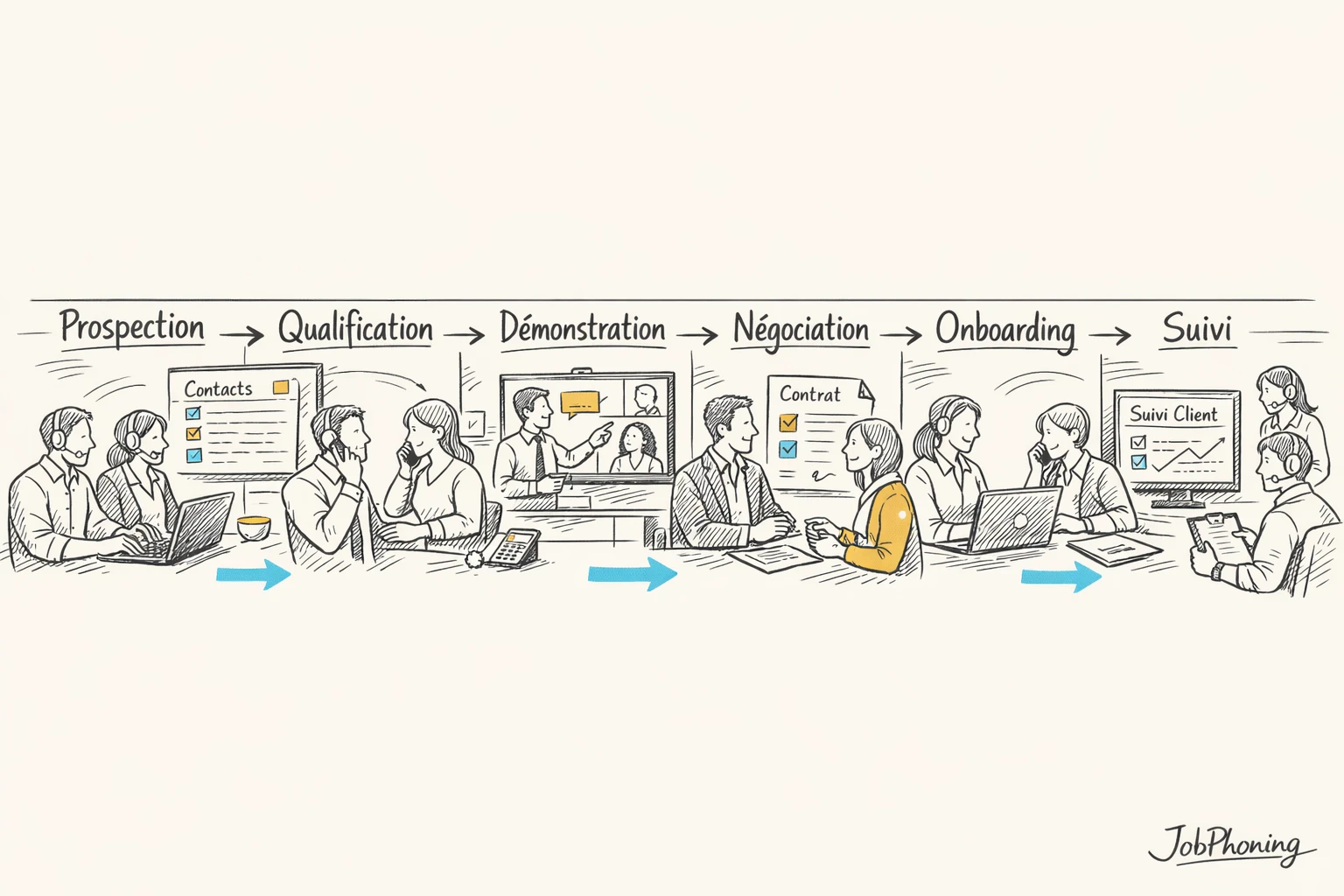 Schéma représentant un parcours d’appels B2B via flèches reliant blocs et canaux téléphoniques stylisés.