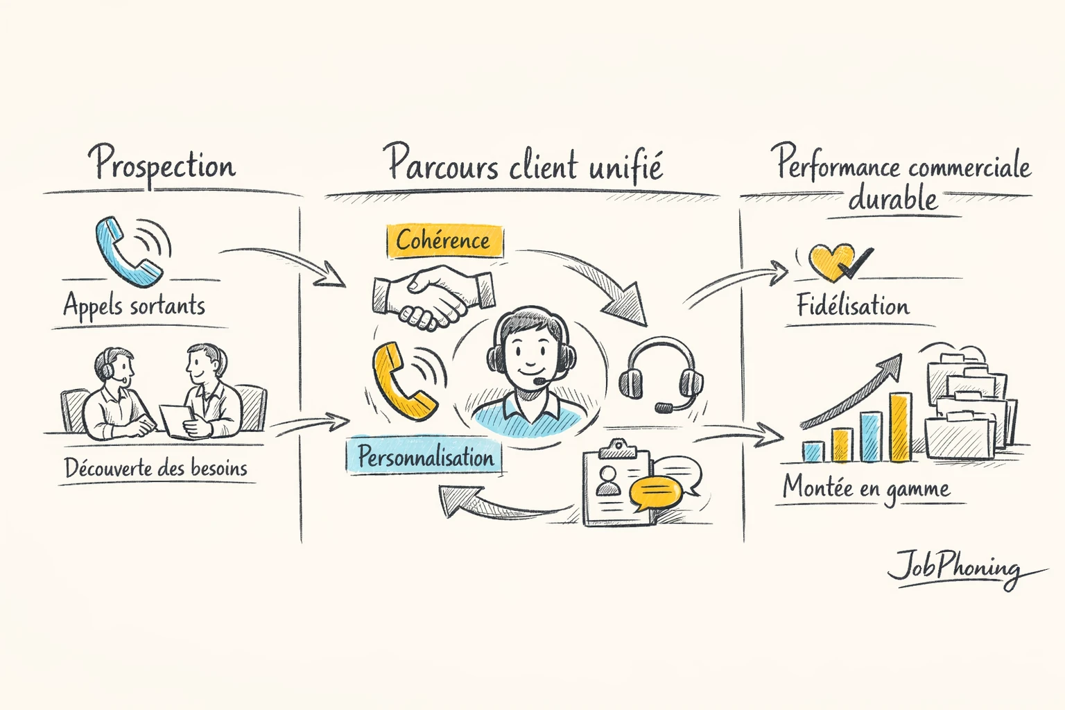 Schéma représentant l’alignement prospection et support téléphonique via deux flux convergeant vers un parcours client