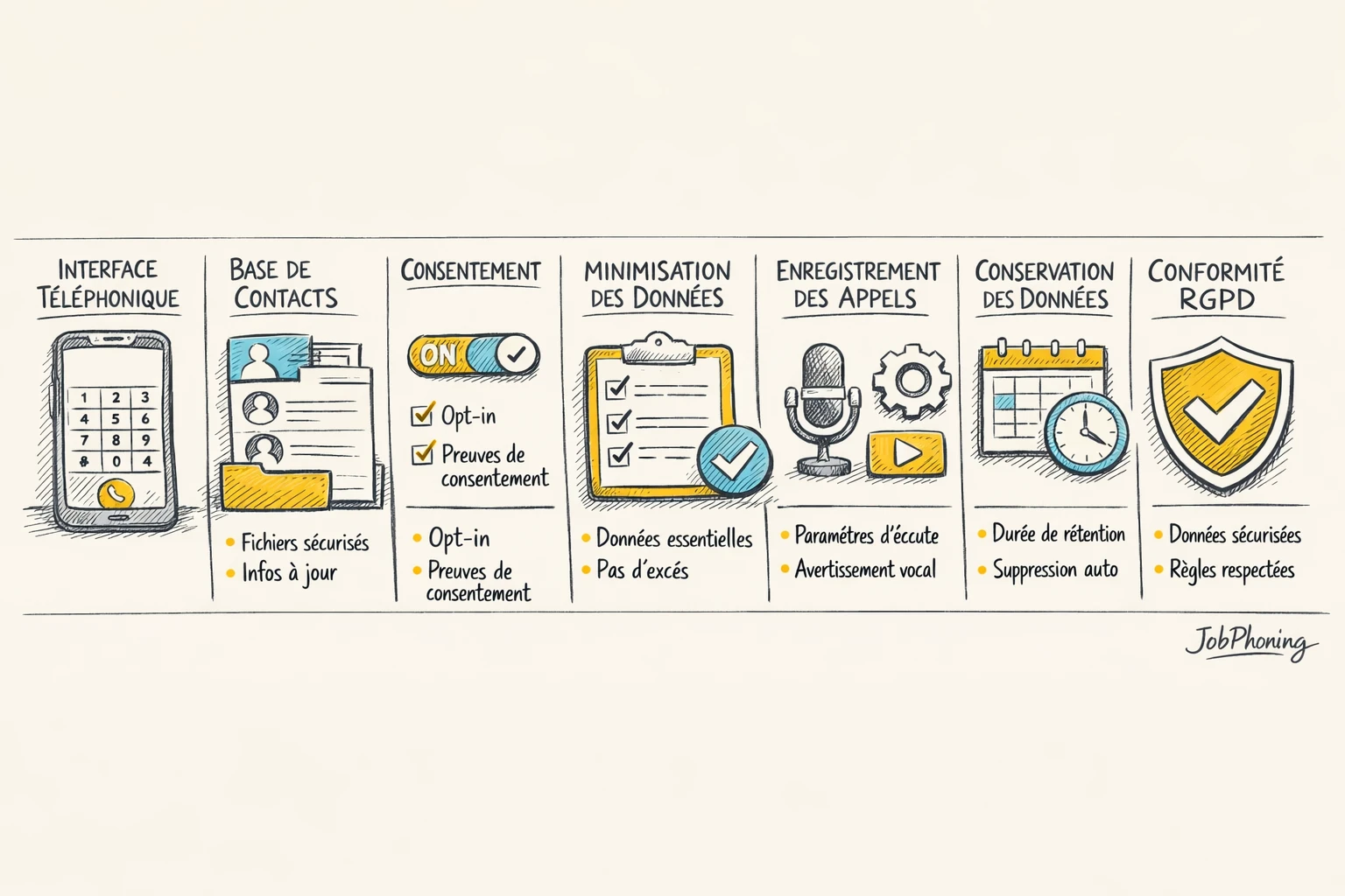 Schéma représentant la configuration RGPD d’outils d’appels via blocs reliés et flèches séquentielles.