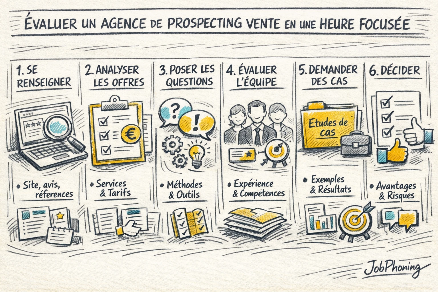 Schéma représentant un audit rapide d’agence de prospection via six blocs séquentiels reliés par des