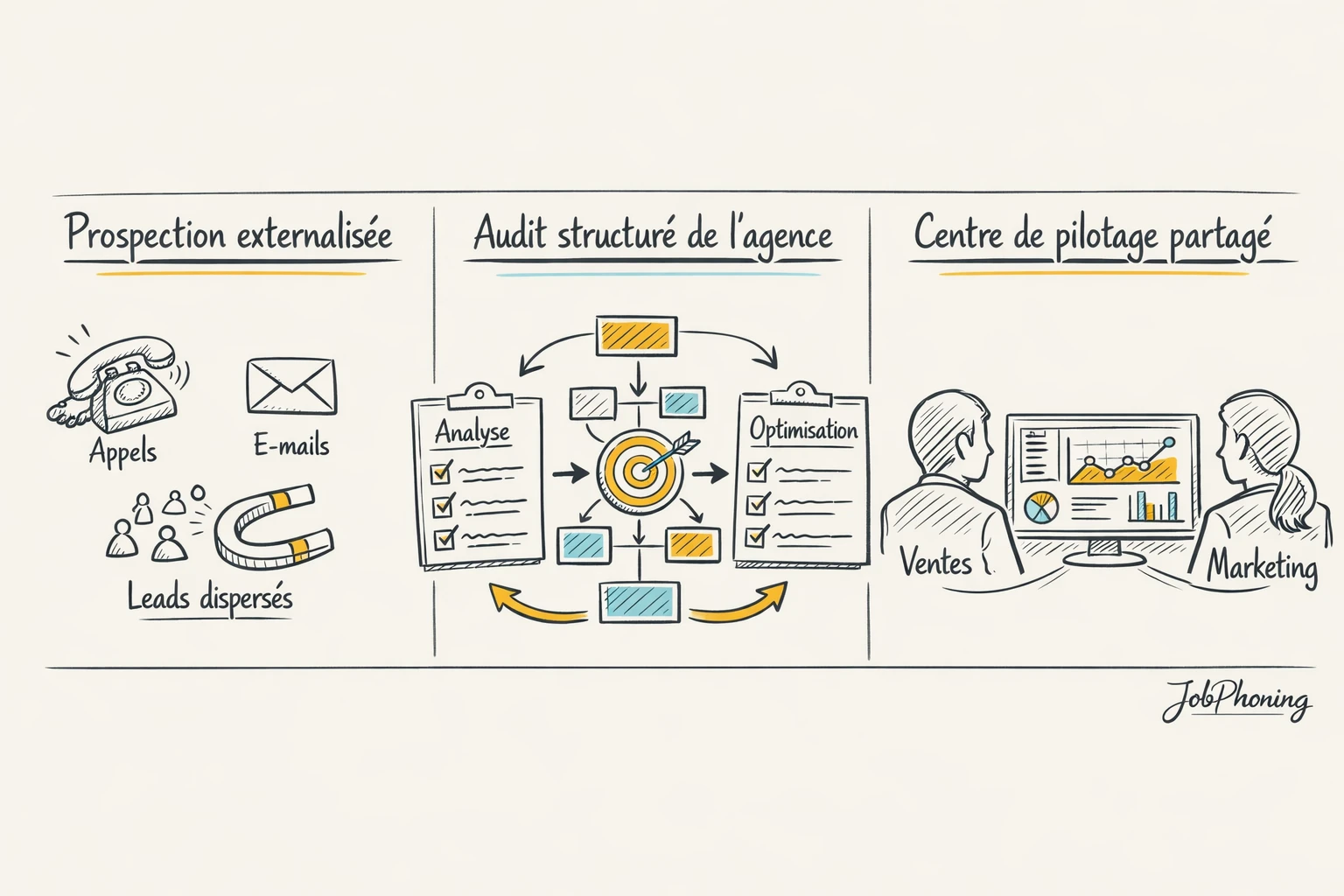 Schéma représentant le rôle de l’audit d’agence via un noyau central connecté à plusieurs blocs