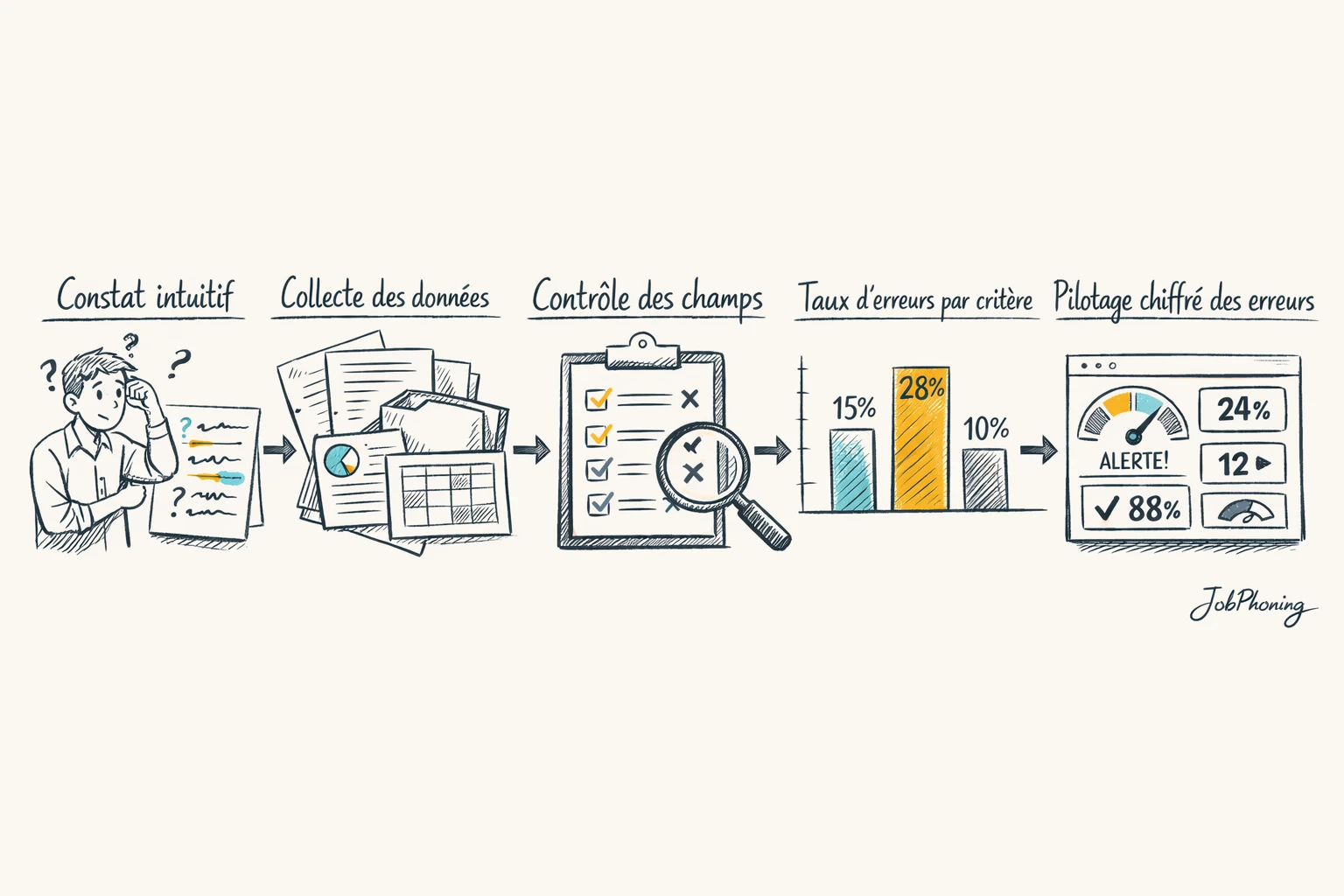 Schéma représentant un audit de fichier d’entreprises via étapes séquentielles et flèches colorées.