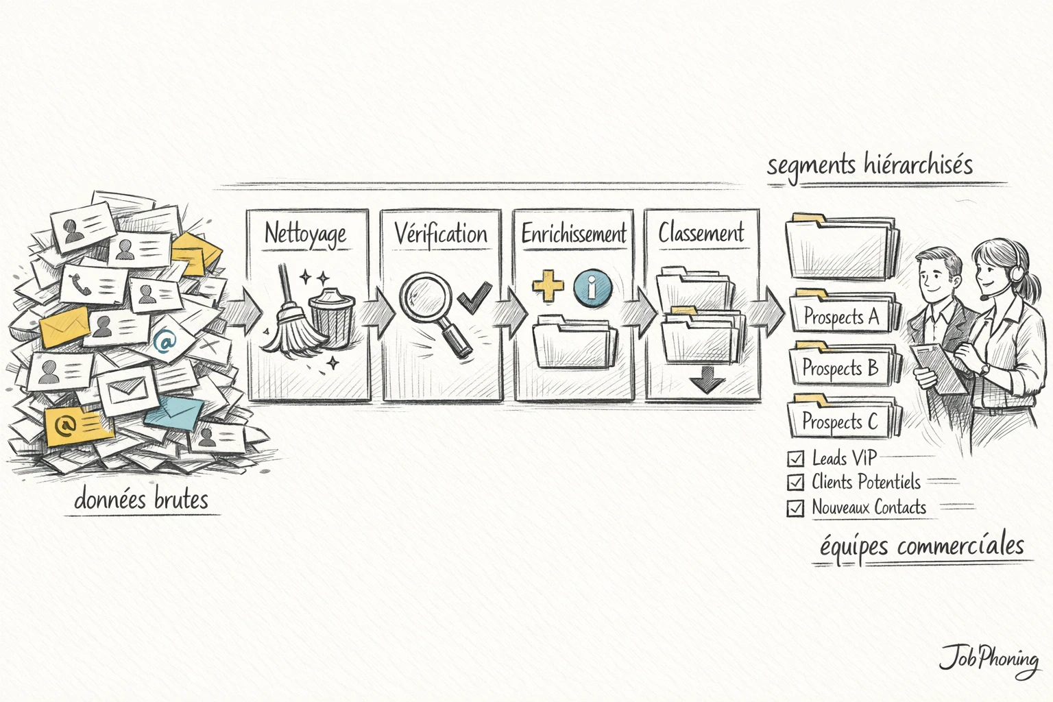 Schéma représentant l’audit d’un fichier de prospection via enchaînement de blocs et flèches épurés.