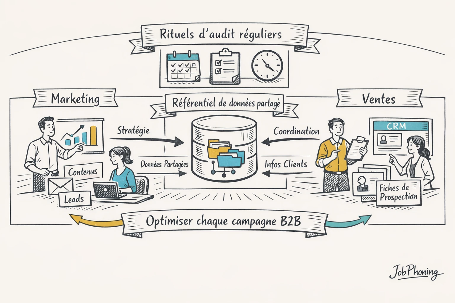 Schéma représentant l’intégration des audits de données via un noyau central connecté à plusieurs blocs
