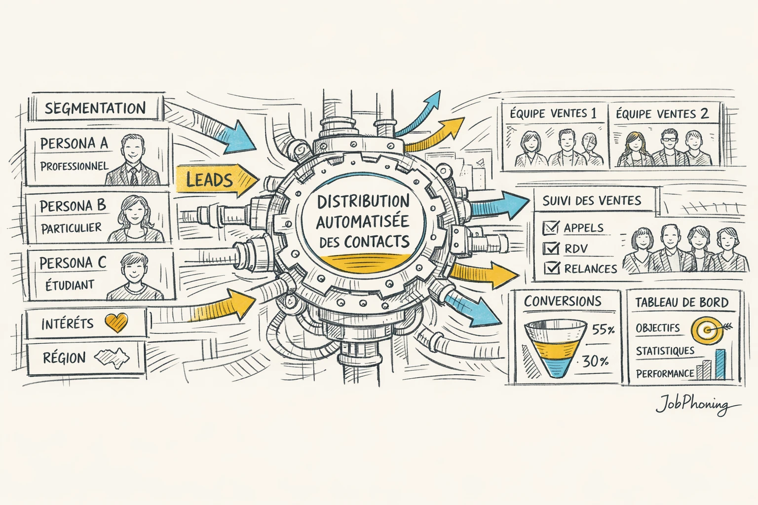 Infographie représentant la répartition automatique des leads via hub central, entonnoirs, équipes et tableaux de