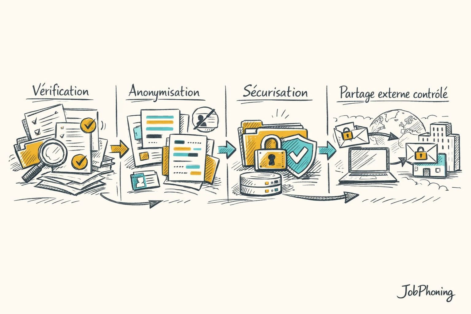 Schéma représentant la préparation sécurisée de fichiers de prospection via blocs successifs, flèches et icônes