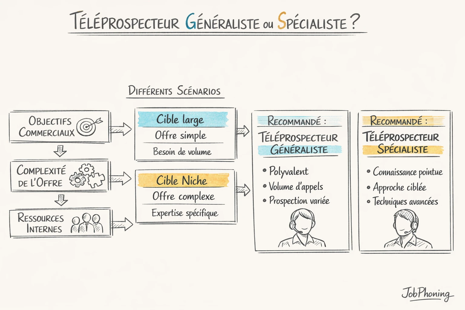 Schéma représentant un processus de sélection de téléprospecteur via enchaînement de blocs et flèches colorés.