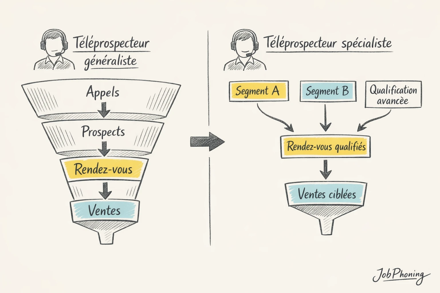 Infographie représentant l’impact des profils de téléprospecteurs via deux réseaux d’organisations commerciales centralisée et segmentée.