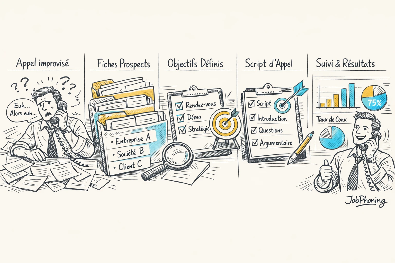 Schéma représentant la préparation d’une prospection B2B via enchaînement de blocs et flèches minimalistes.