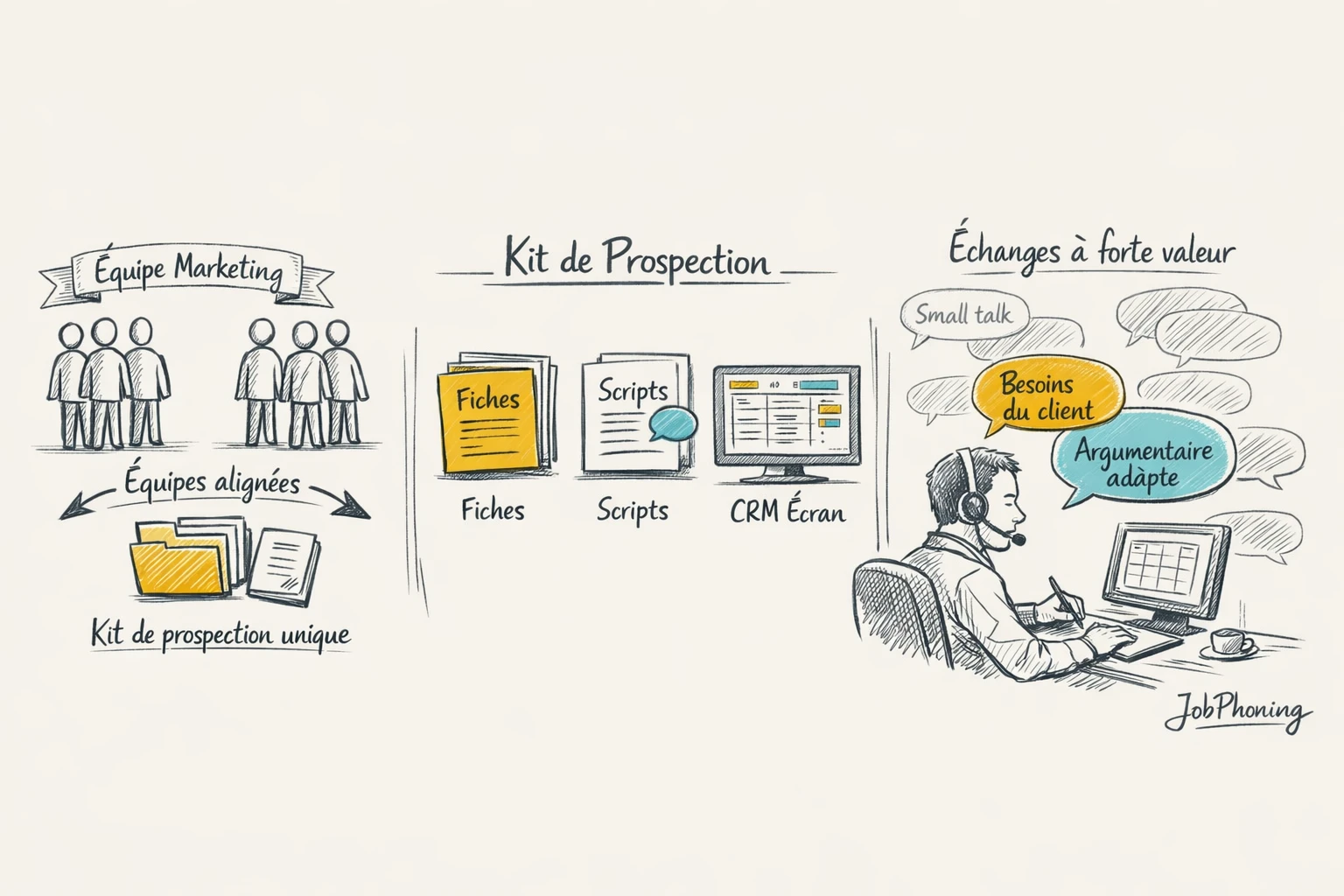 Schéma représentant coordination prospection B2B via cercles interconnectés et flux
