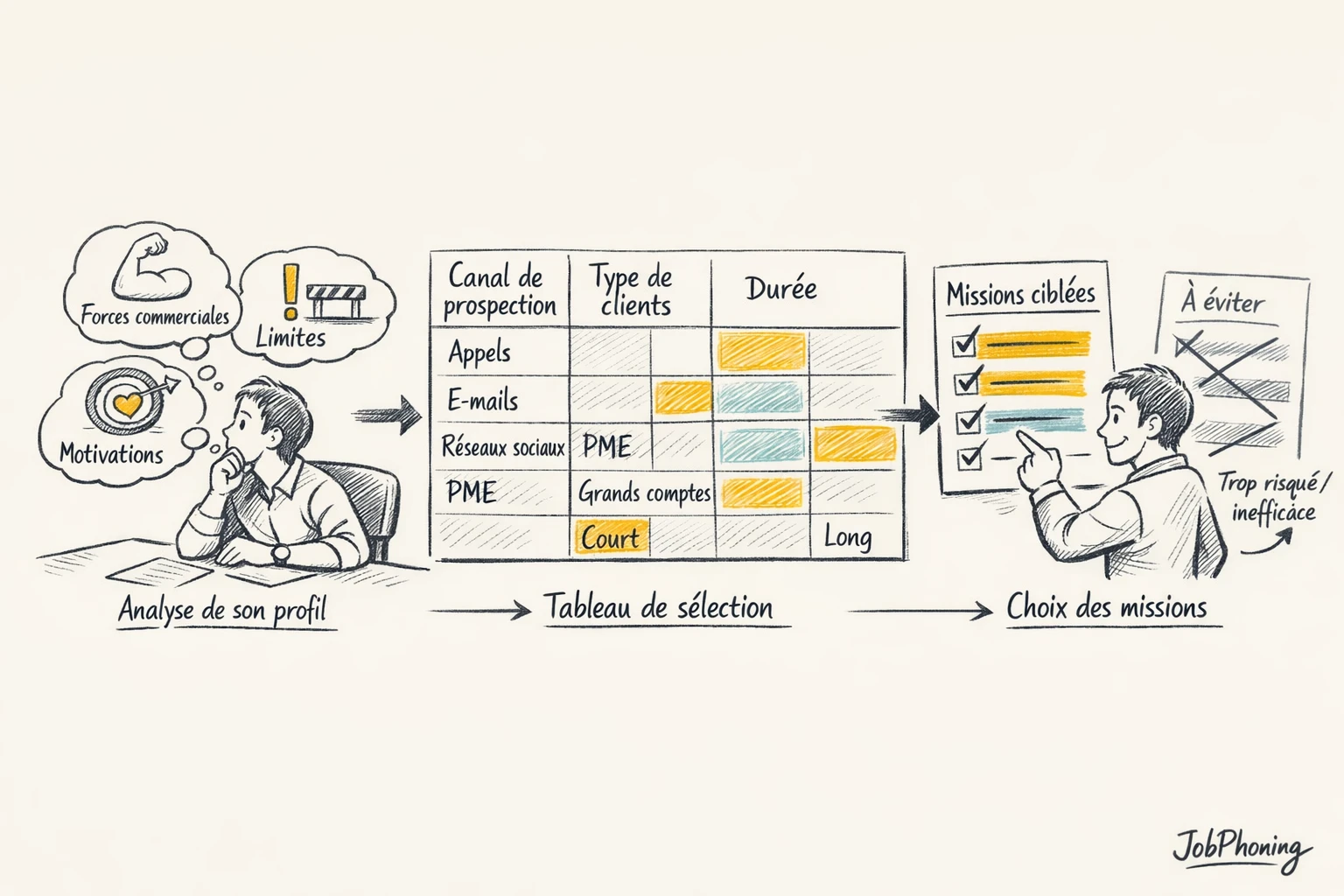 Schéma représentant l’analyse d’un profil commercial via enchaînement de blocs reliés et flèches minimalistes