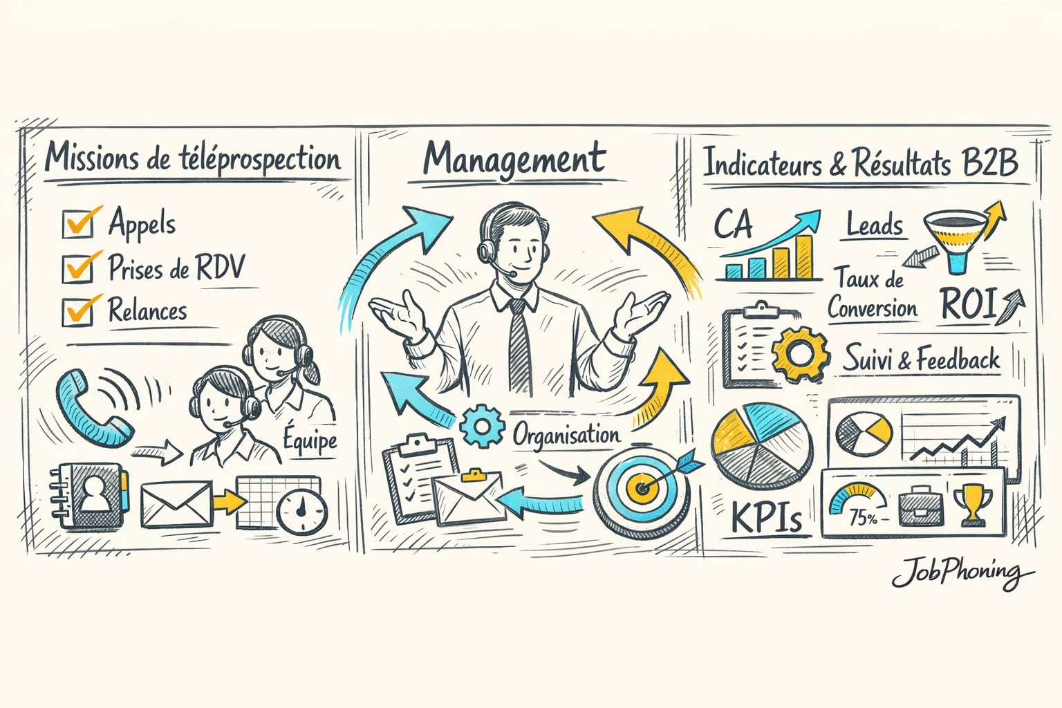 Infographie représentant l’alignement des missions de phoning via pipeline central, blocs ressources et indicateurs reliés.