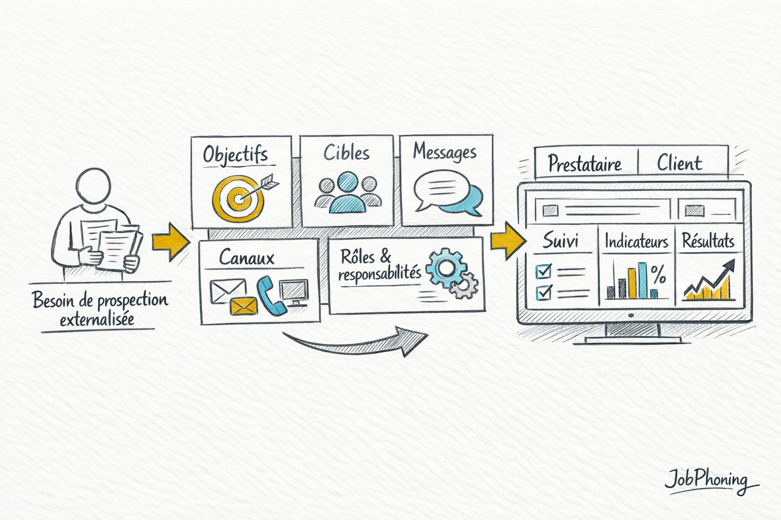 Schéma représentant la structuration d’un cahier des charges via blocs alignés et flèches séquentielles