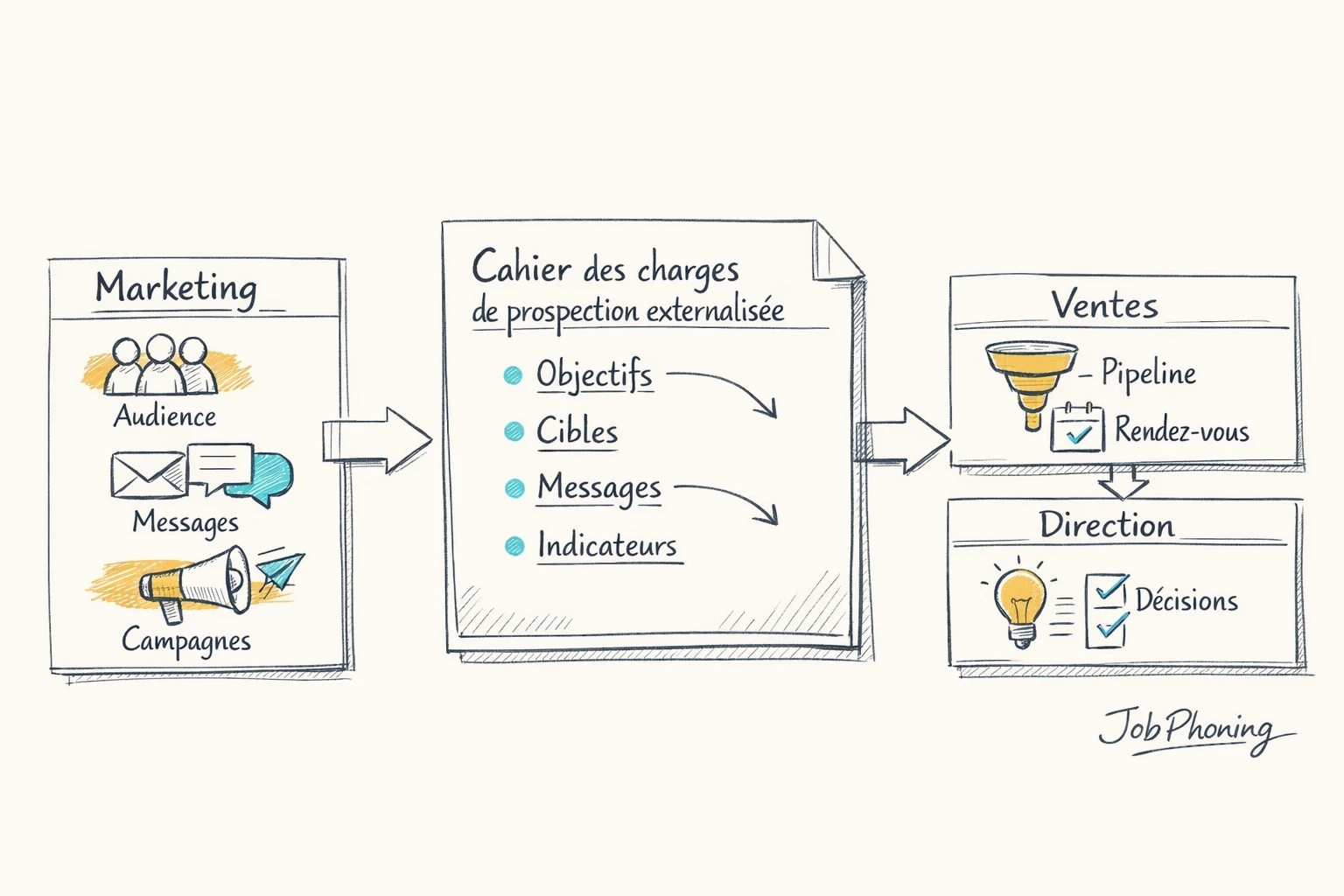 Schéma représentant l’alignement marketing, ventes et direction via trois blocs convergeant vers un document central.