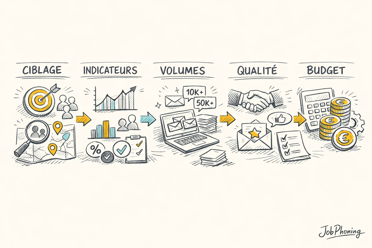 Schéma représentant la définition d’objectifs de prospection externalisée via enchaînement de blocs et flèches colorés