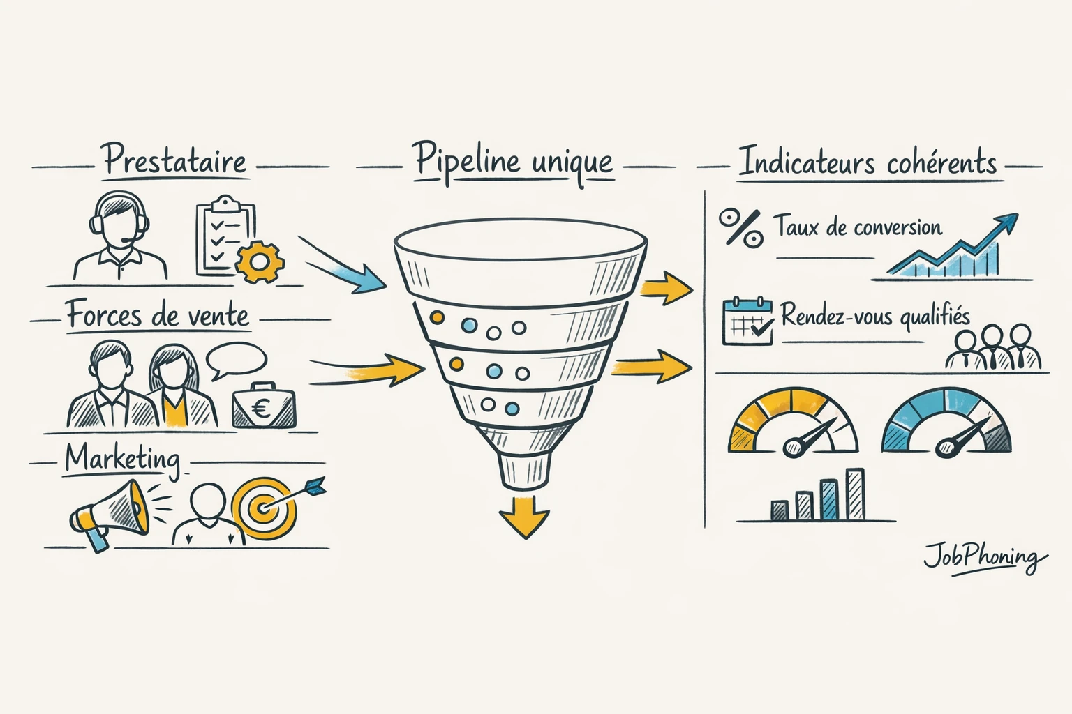 Schéma représentant l’alignement de la prospection externalisée via pipeline central et trois pôles reliés