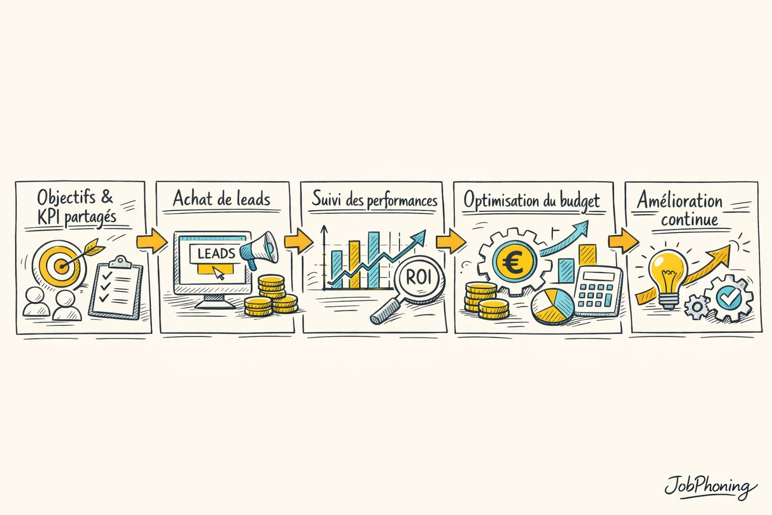 Schéma représentant le pilotage des leads qualifiés via un flux de blocs reliés
