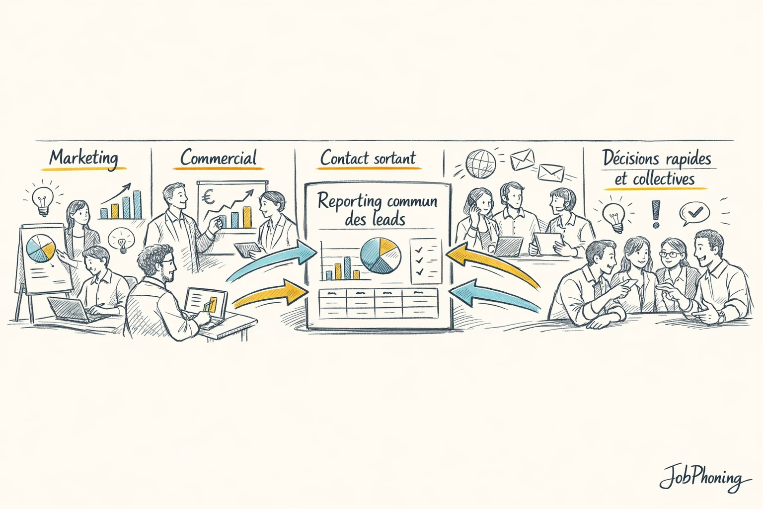 Schéma représentant la coordination des indicateurs de leads via hub central, nœuds d’équipes et boucle