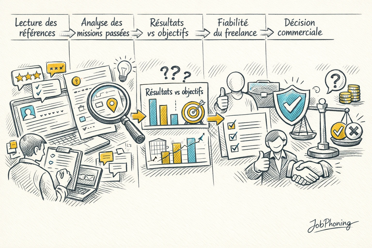 Schéma représentant l’évaluation structurée de freelances commerciaux via blocs reliés et flèches successives minimalistes.