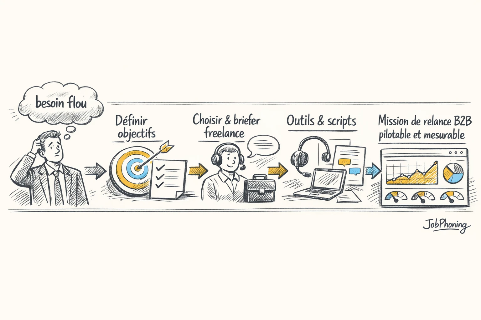 Schéma représentant le cadrage d’un freelance de relance B2B via blocs reliés et icônes abstraites.
