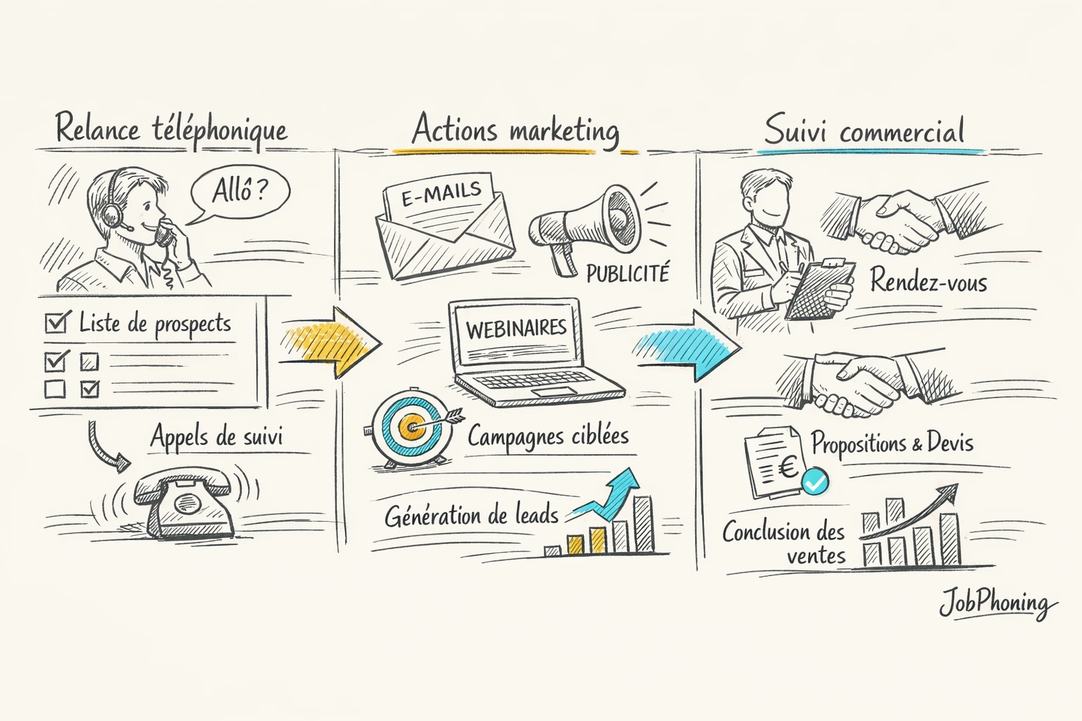 Schéma représentant la relance d’anciens clients via pipeline central, branches marketing et ventes interconnectées.