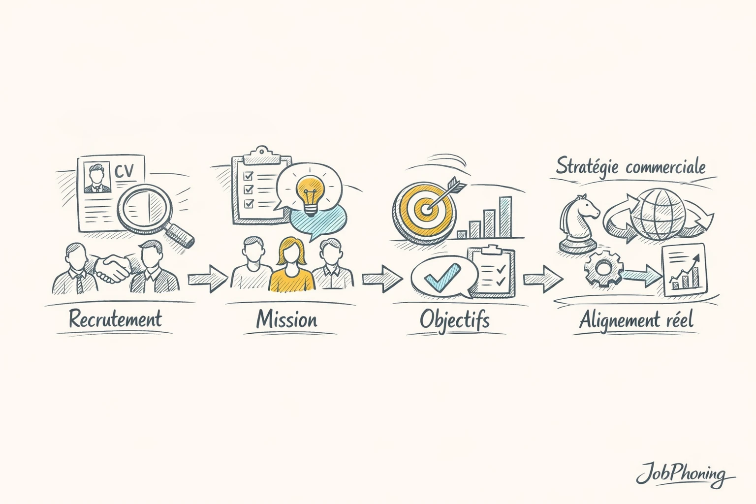 Schéma représentant un processus de sélection de téléprospecteur via plusieurs blocs reliés par des flèches.