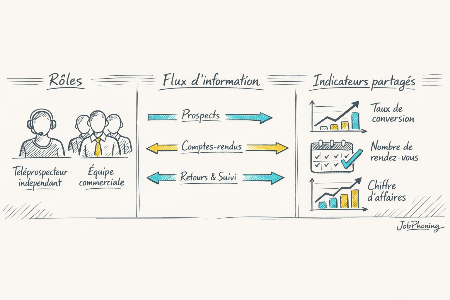 Schéma représentant la coordination commerciale et téléprospection via hub central, flèches, pipeline CRM et tableau