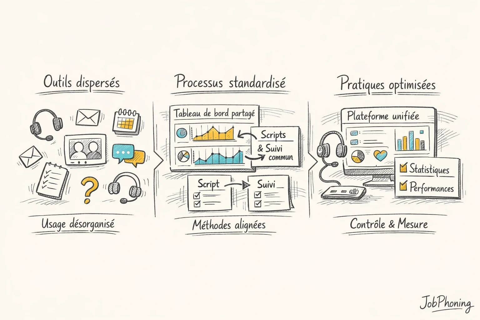 Schéma représentant le déploiement structuré d’outils de téléprospection via étapes connectées et blocs colorés alignés