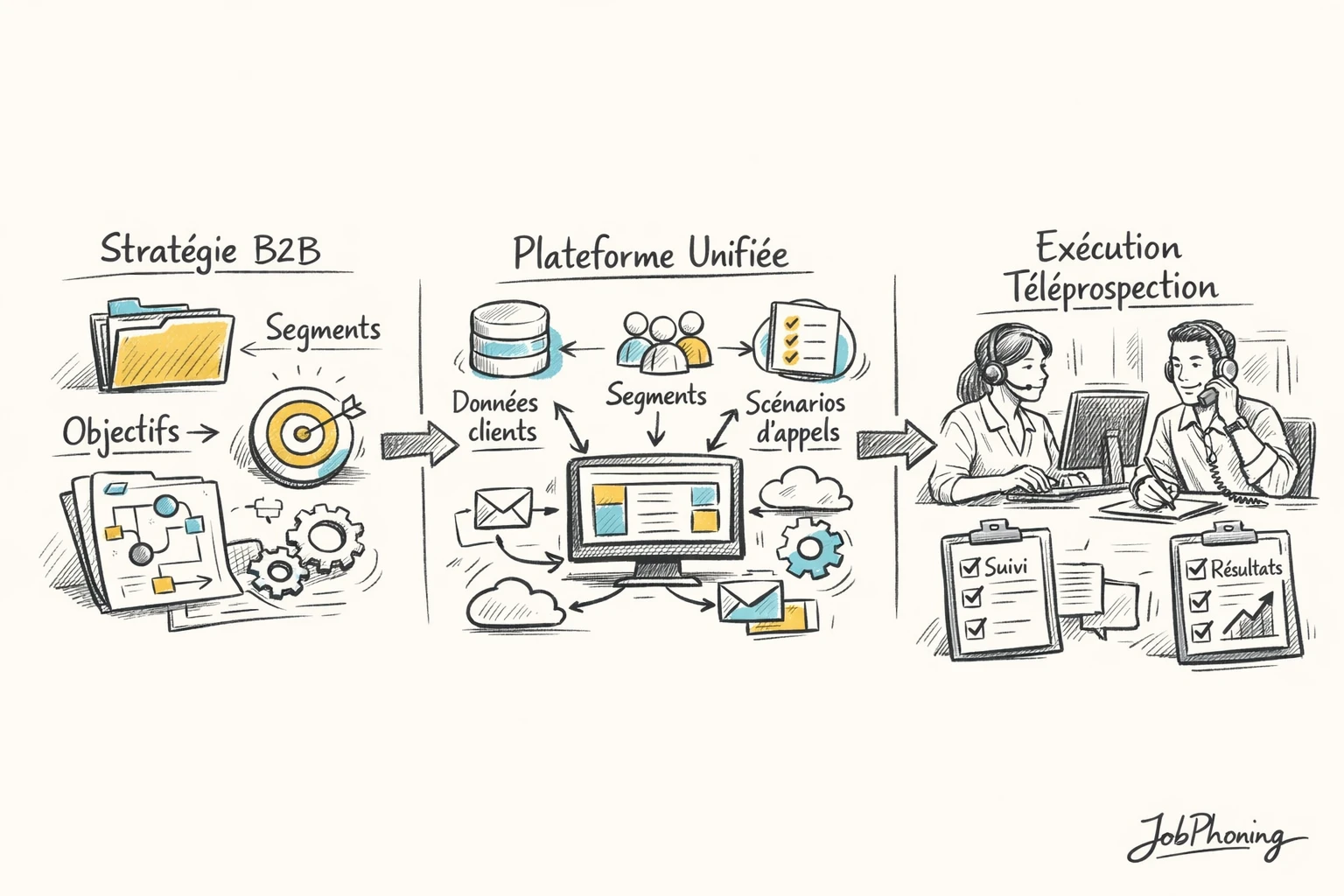Schéma représentant l’alignement outils-marketing via une plateforme centrale connectée à segments, comptes et scénarios d’appels.