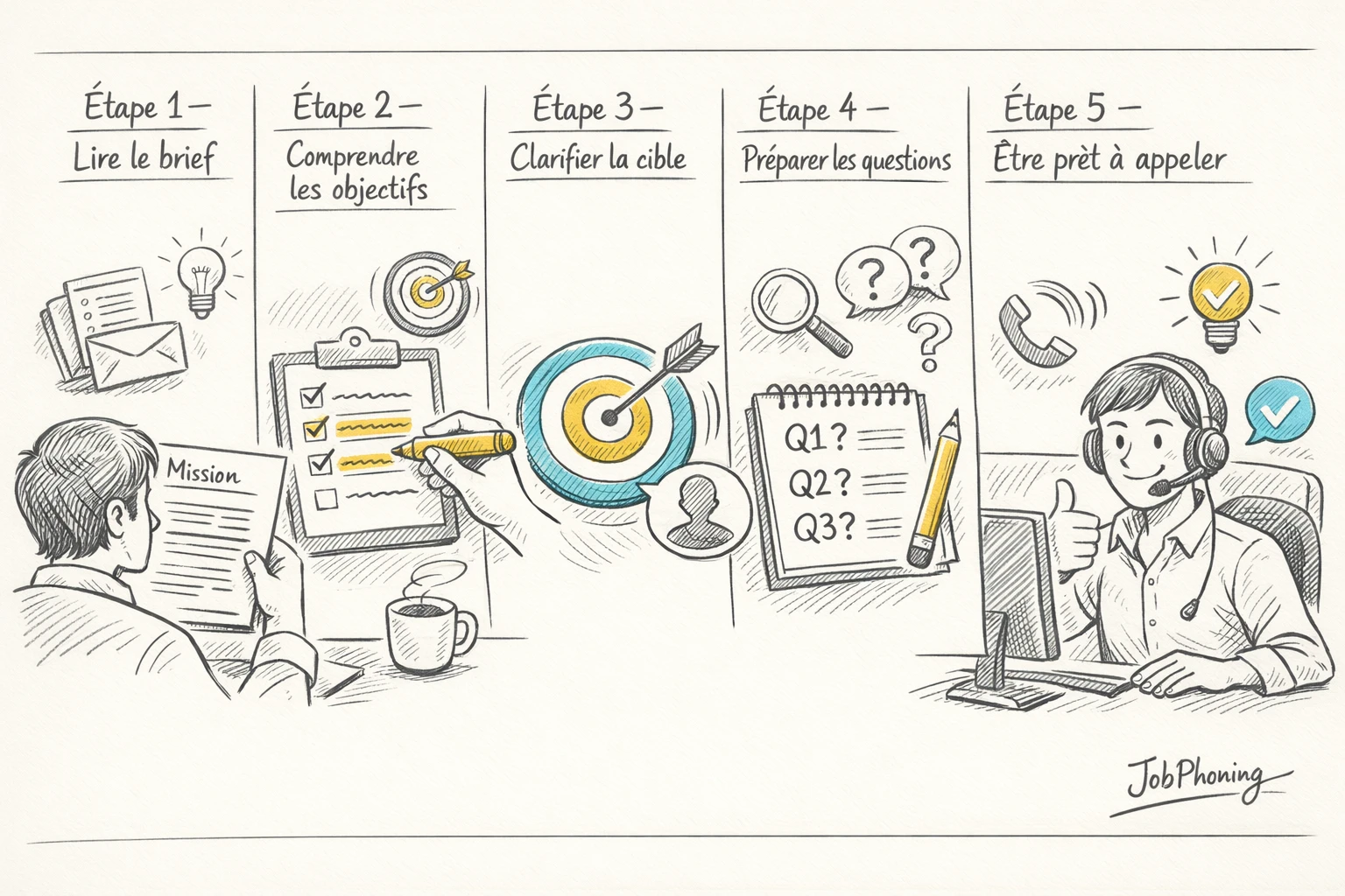 Schéma représentant la préparation d’un téléopérateur via une suite de blocs reliés en flux.