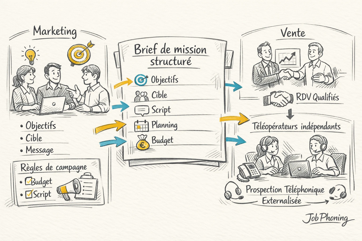 Schéma représentant un brief de mission via un noyau central relié à plusieurs blocs organisés