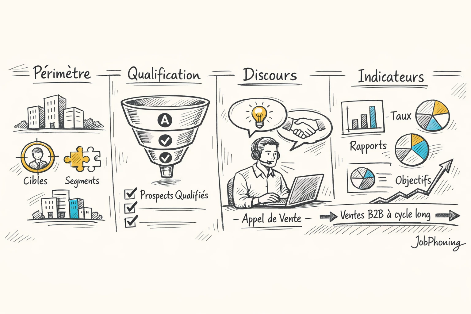 Schéma représentant l’organisation d’une mission de prospection complexe via blocs reliés et flèches successives