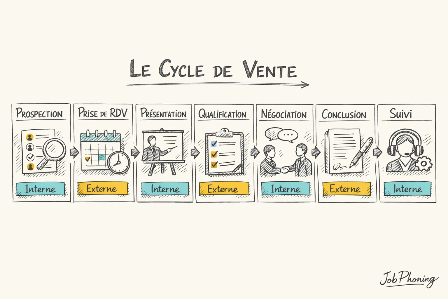 Schéma représentant la coordination interne–cabinet via un entonnoir de vente segmenté en zones colorées distinctes.