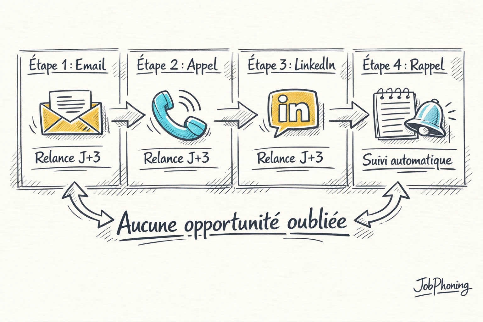 Schéma représentant une cadence de prospection SaaS via étapes reliées, flèches et blocs géométriques colorés.