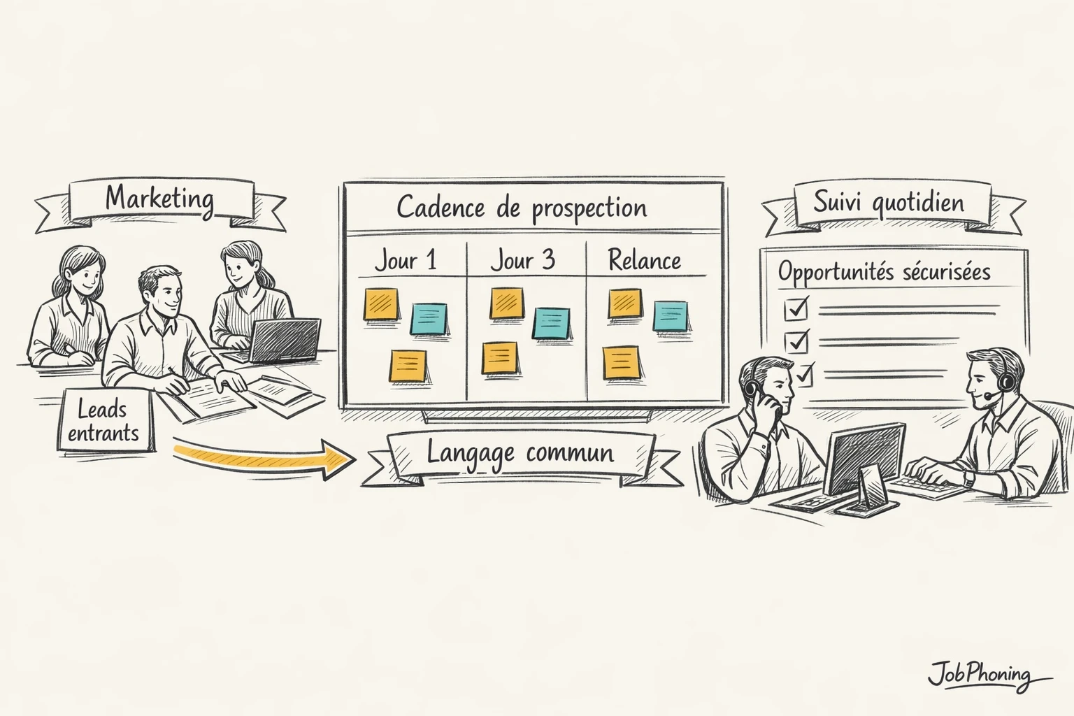Schéma représentant la cadence de prospection SaaS via un pipeline central reliant blocs marketing et