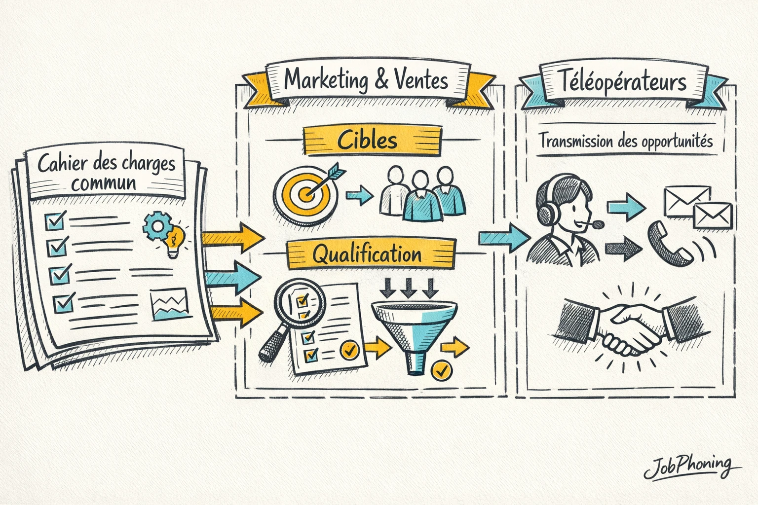 Infographie représentant un cahier des charges central via trois groupes de rectangles reliés radialement
