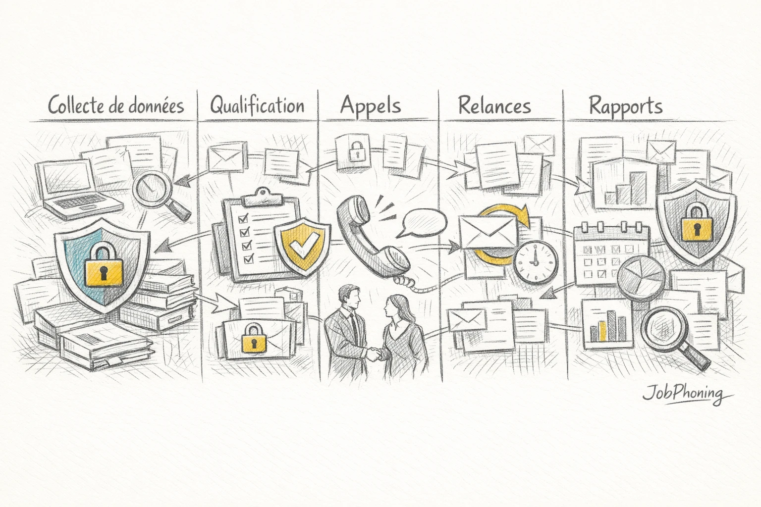 Infographie représentant l’intégration du cadre légal via un bouclier central et un pipeline de rectangles
