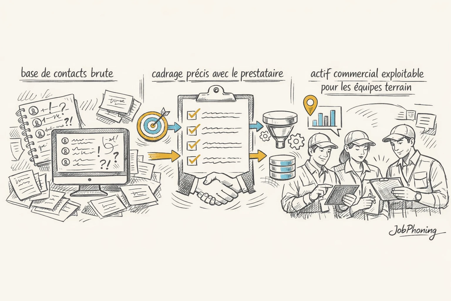 Schéma représentant le cadrage d’une qualification B2B via étapes reliées et blocs organisés.