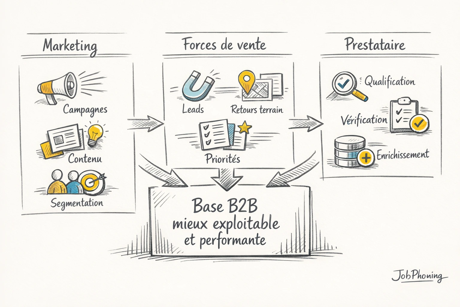 Schéma représentant la coopération marketing, ventes et prestataire via trois blocs reliés à un cylindre