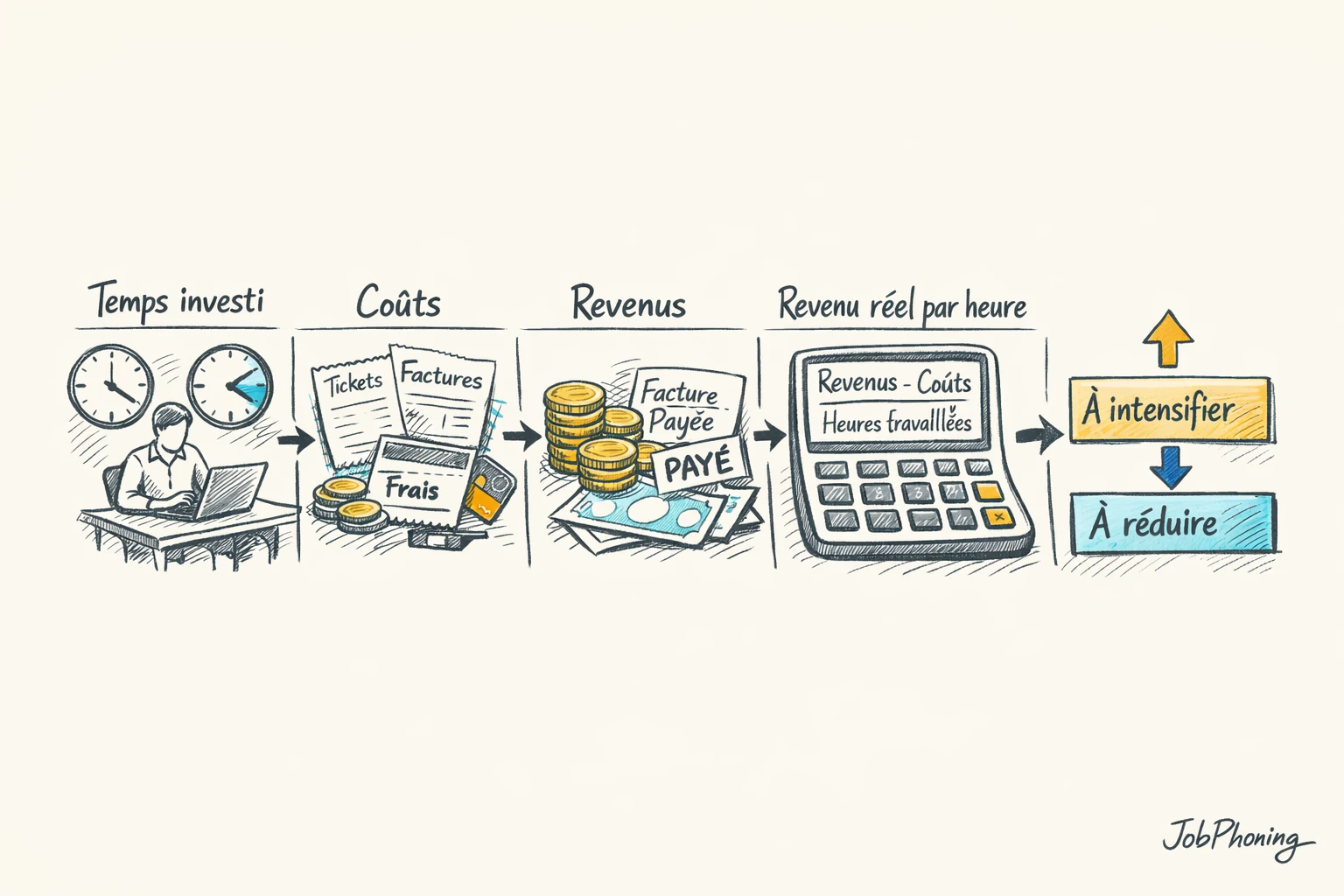 Schéma représentant le calcul de rentabilité horaire via blocs géométriques reliés séquentiellement