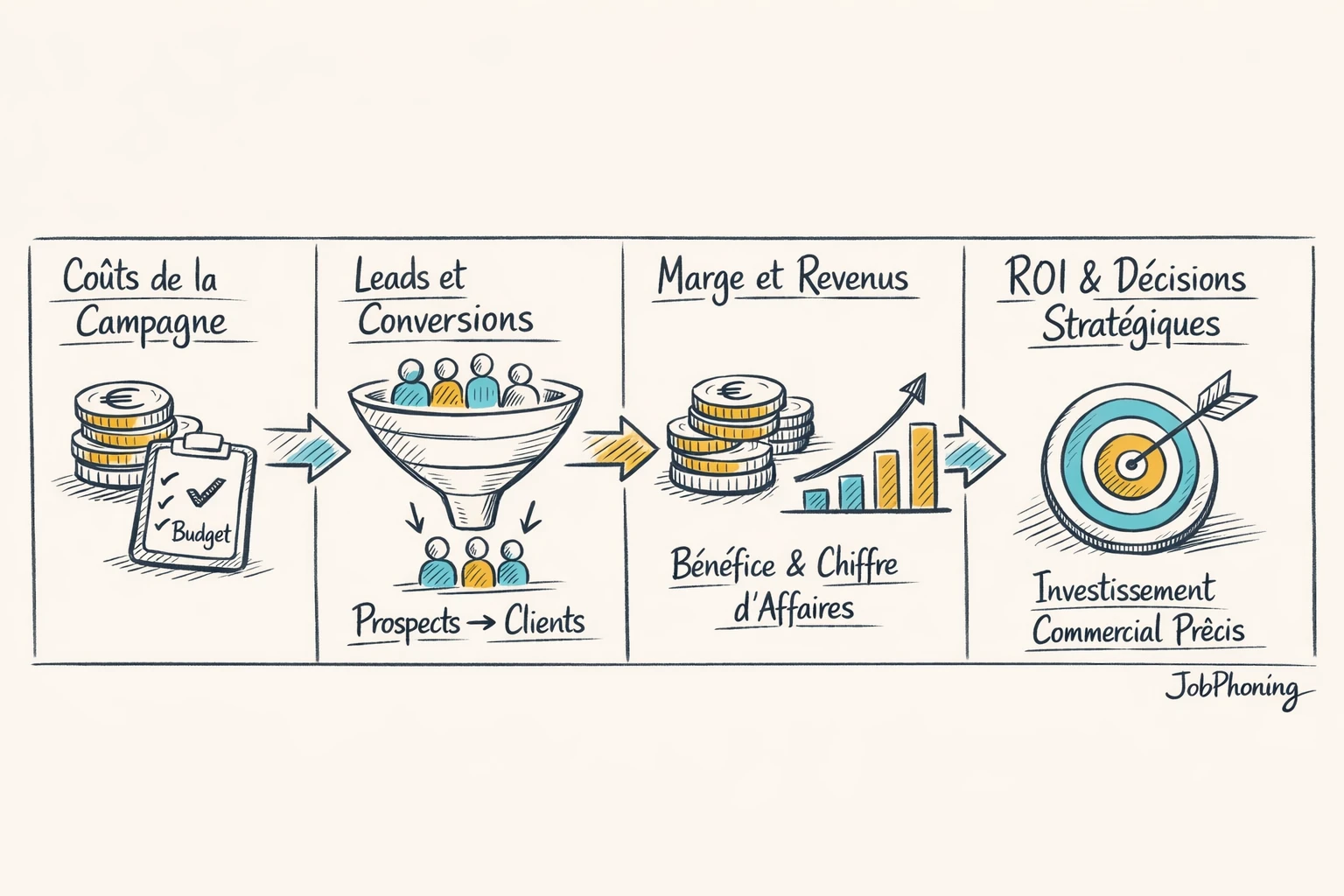 Schéma représentant le calcul du retour sur investissement via blocs séquentiels et flèches minimalistes.