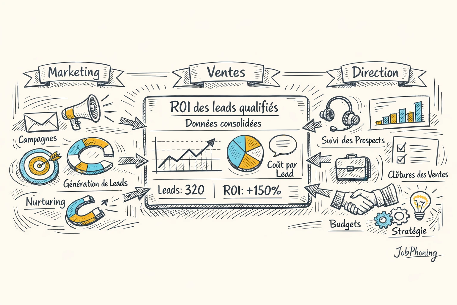 Schéma représentant le suivi du ROI marketing via hub central et multiples rectangles connectés.